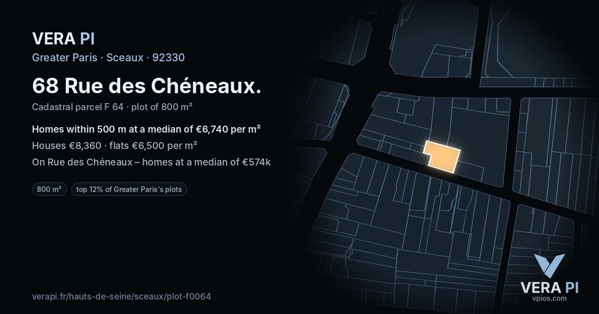 68 Rue des Chéneaux, Sceaux at night – the plot lit, the parcels around coloured by the prices near them
