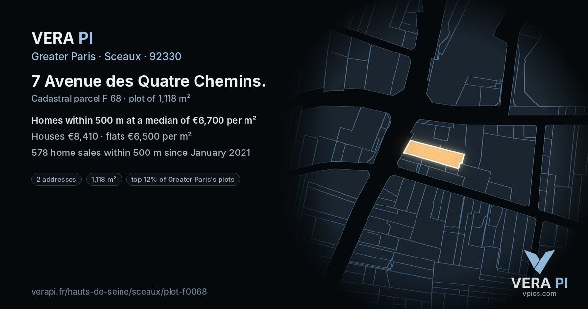 7 Avenue des Quatre Chemins, Sceaux at night – the plot lit, the parcels around coloured by the prices near them
