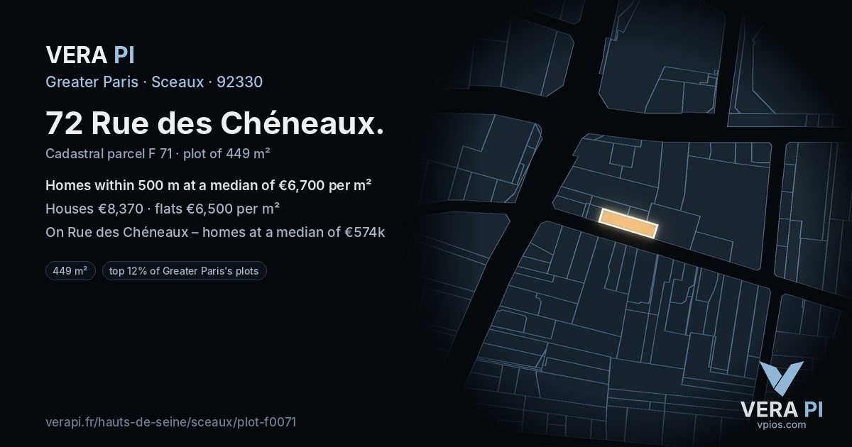 72 Rue des Chéneaux, Sceaux at night – the plot lit, the parcels around coloured by the prices near them