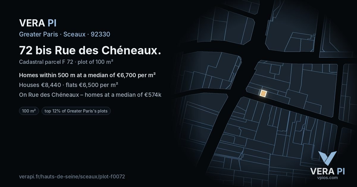 72 bis Rue des Chéneaux, Sceaux at night – the plot lit, the parcels around coloured by the prices near them