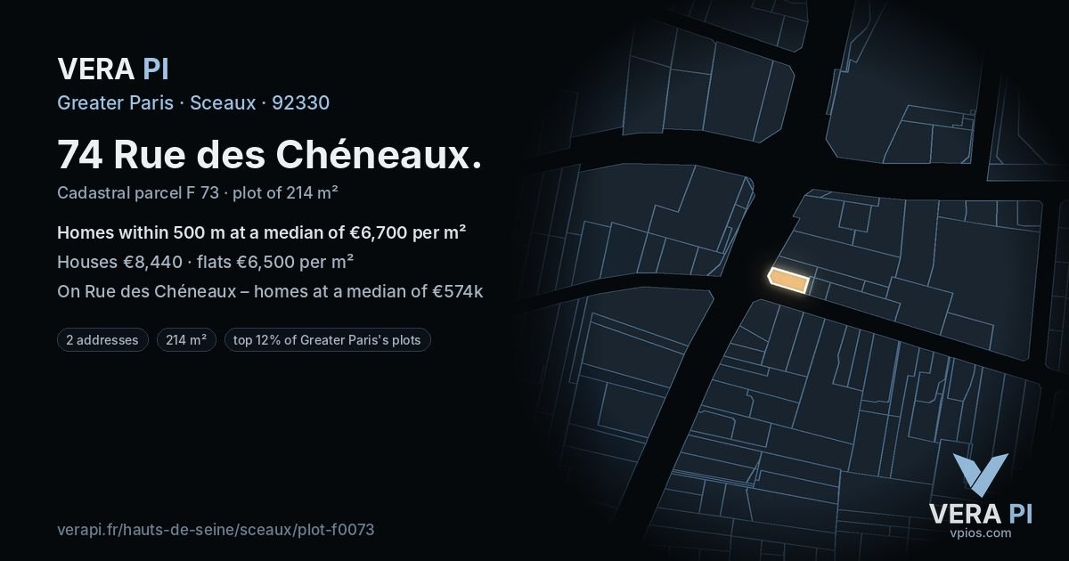 74 Rue des Chéneaux, Sceaux at night – the plot lit, the parcels around coloured by the prices near them