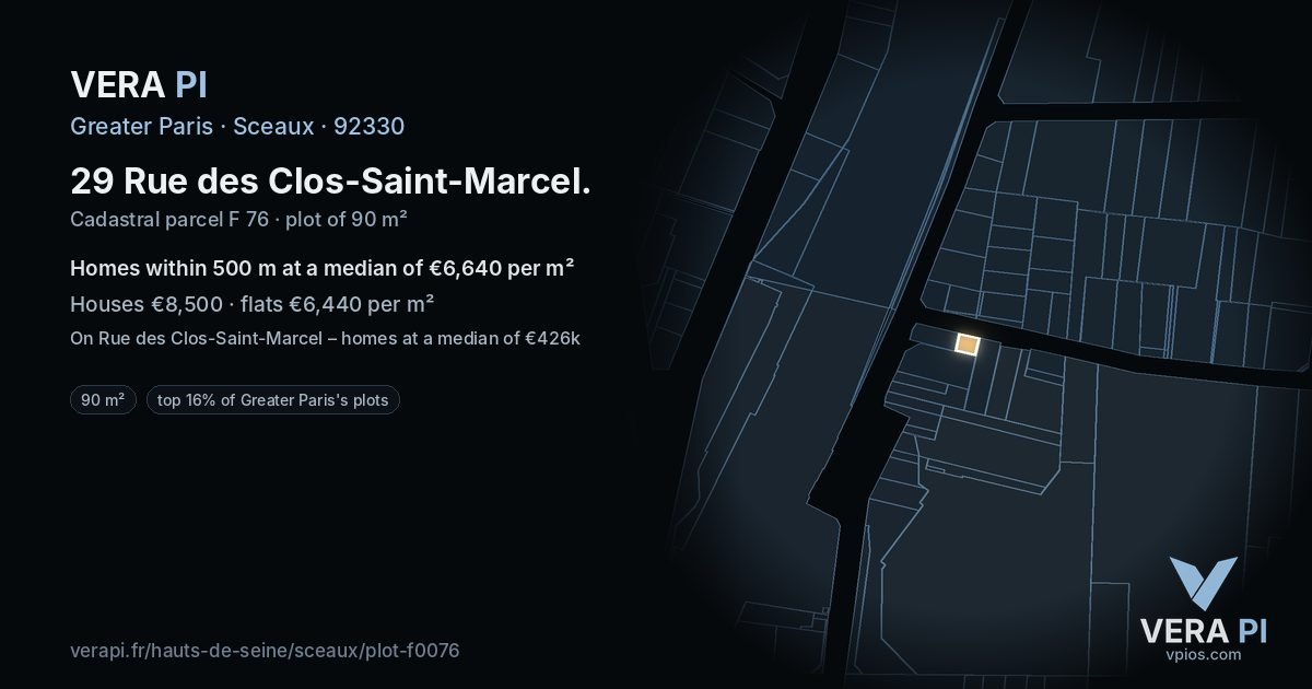 29 Rue des Clos-Saint-Marcel, Sceaux at night – the plot lit, the parcels around coloured by the prices near them