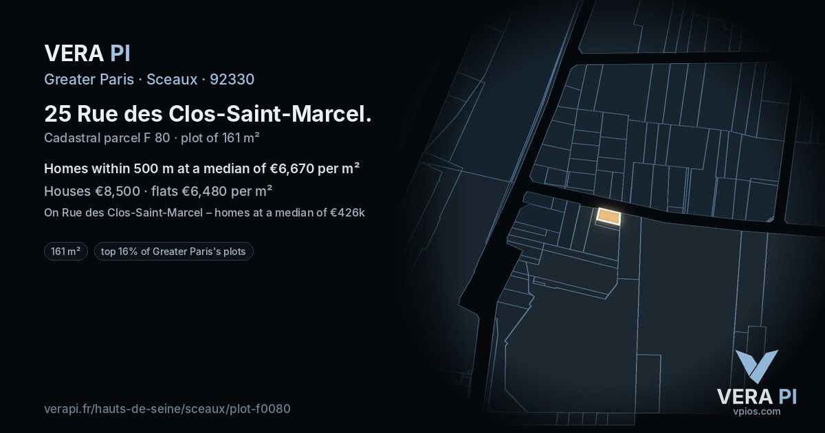 25 Rue des Clos-Saint-Marcel, Sceaux at night – the plot lit, the parcels around coloured by the prices near them