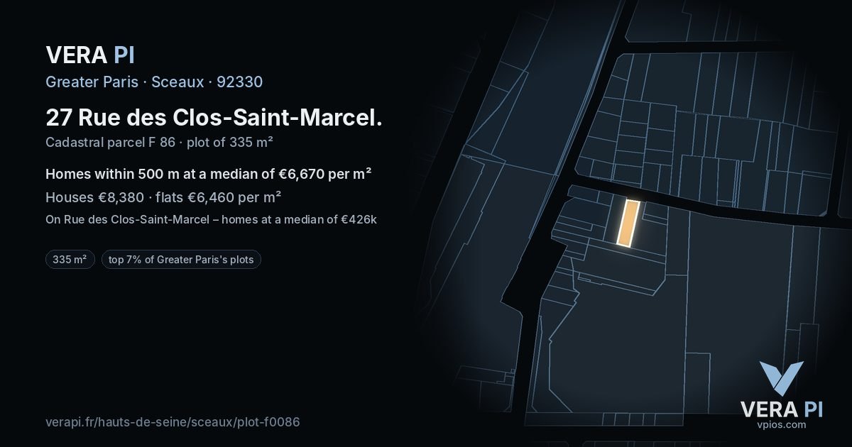 27 Rue des Clos-Saint-Marcel, Sceaux at night – the plot lit, the parcels around coloured by the prices near them