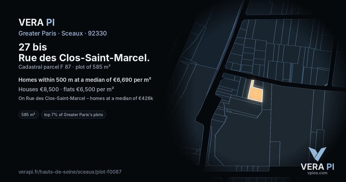27 bis Rue des Clos-Saint-Marcel, Sceaux at night – the plot lit, the parcels around coloured by the prices near them