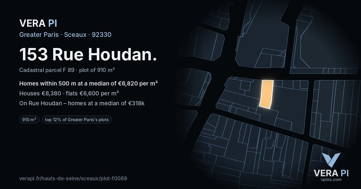 153 Rue Houdan, Sceaux at night – the plot lit, the parcels around coloured by the prices near them