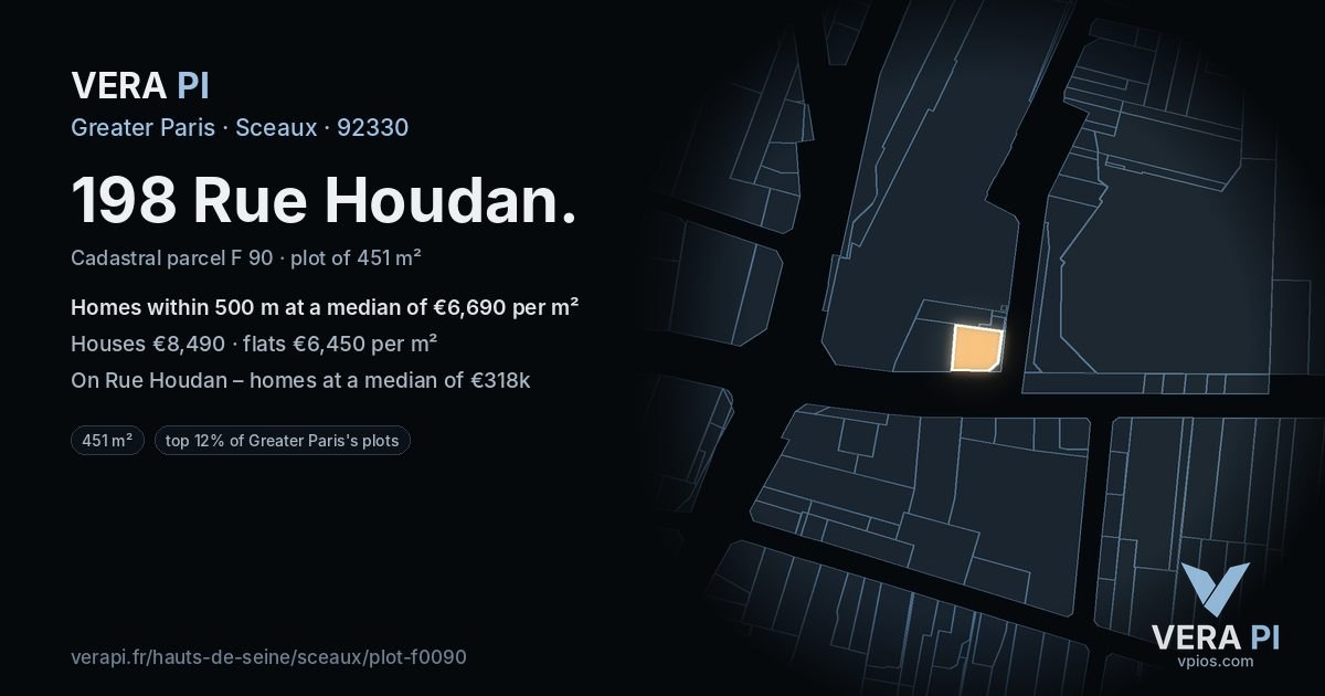 198 Rue Houdan, Sceaux at night – the plot lit, the parcels around coloured by the prices near them