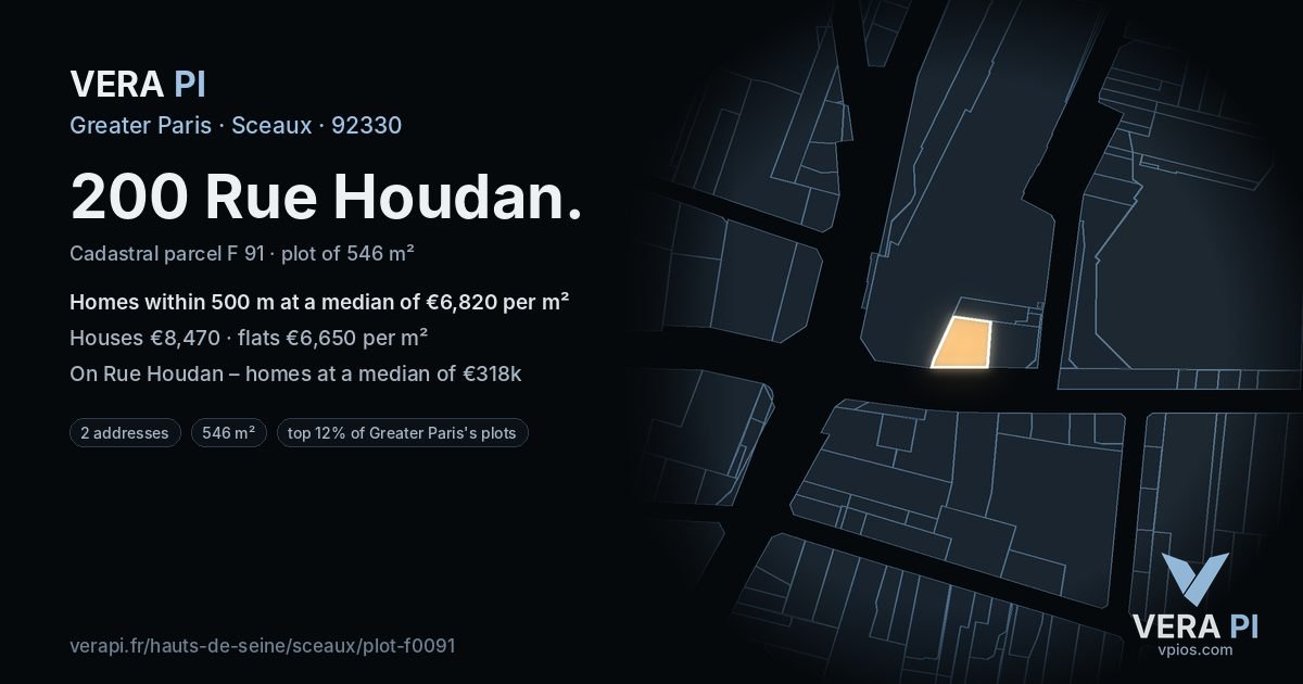 200 Rue Houdan, Sceaux at night – the plot lit, the parcels around coloured by the prices near them