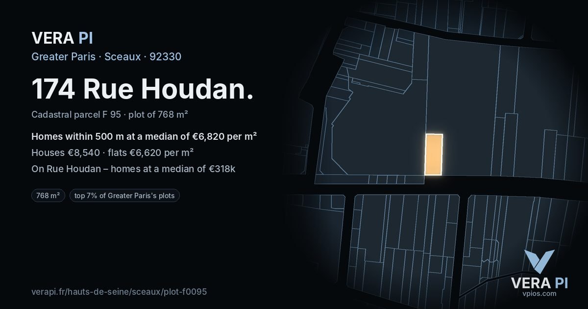 174 Rue Houdan, Sceaux at night – the plot lit, the parcels around coloured by the prices near them