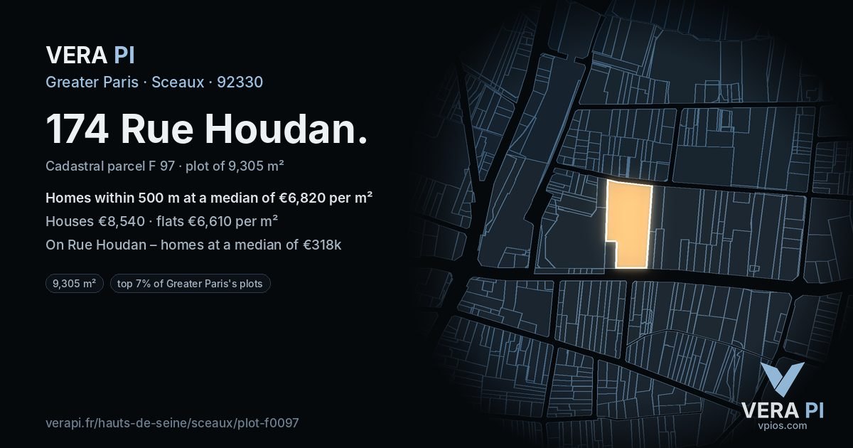 174 Rue Houdan, Sceaux at night – the plot lit, the parcels around coloured by the prices near them