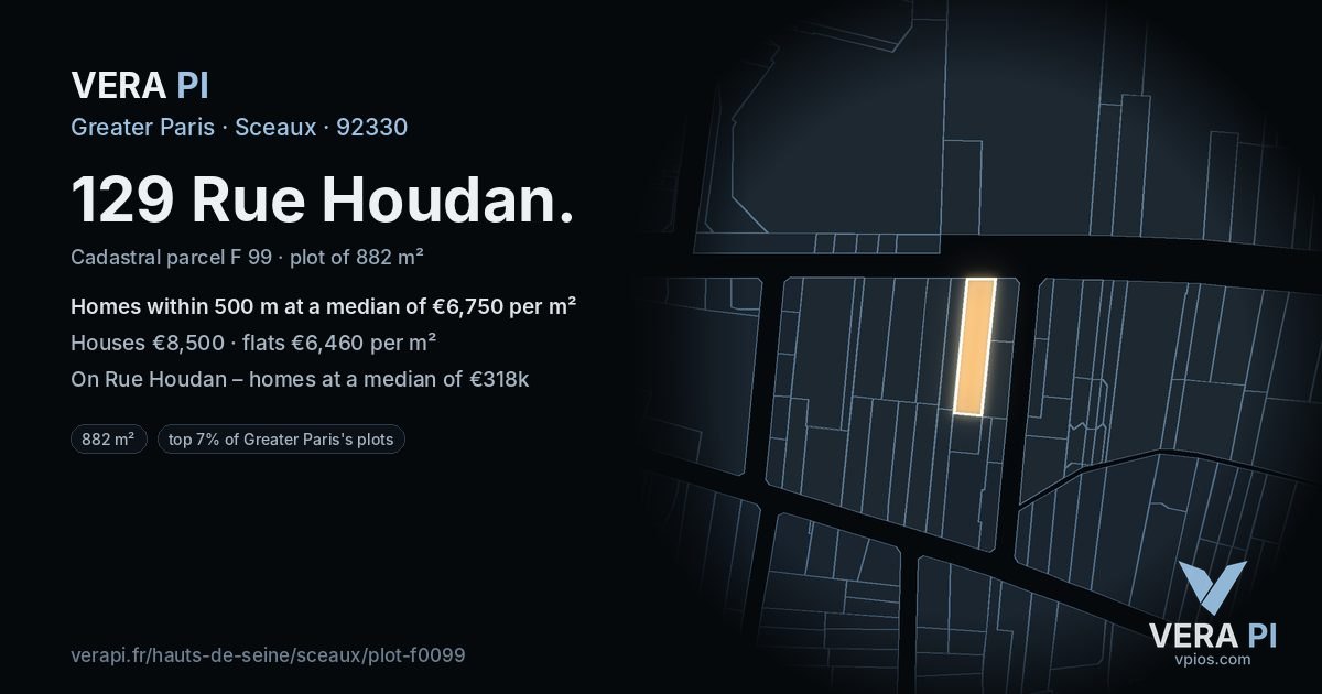 129 Rue Houdan, Sceaux at night – the plot lit, the parcels around coloured by the prices near them