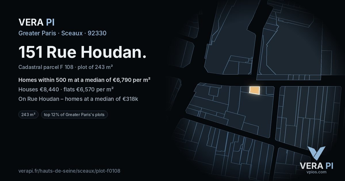 151 Rue Houdan, Sceaux at night – the plot lit, the parcels around coloured by the prices near them