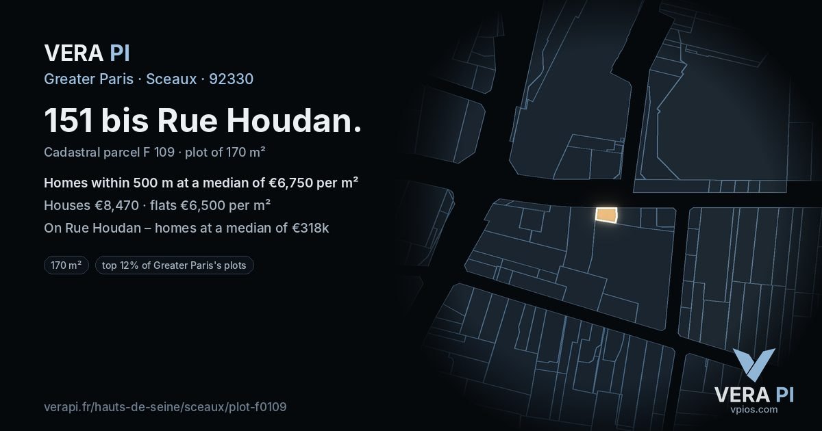 151 bis Rue Houdan, Sceaux at night – the plot lit, the parcels around coloured by the prices near them