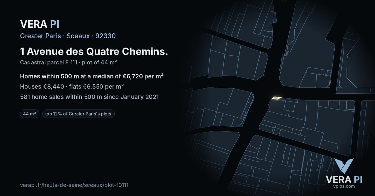 1 Avenue des Quatre Chemins, Sceaux at night – the plot lit, the parcels around coloured by the prices near them