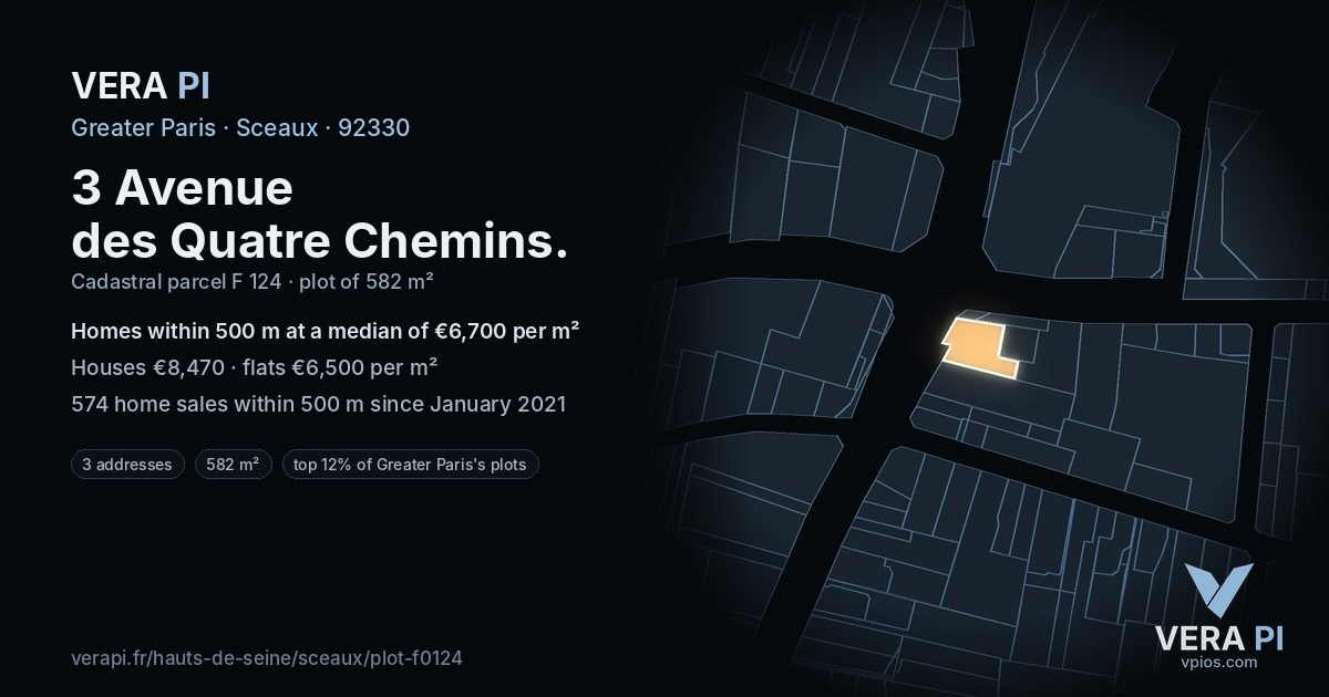 3 Avenue des Quatre Chemins, Sceaux at night – the plot lit, the parcels around coloured by the prices near them
