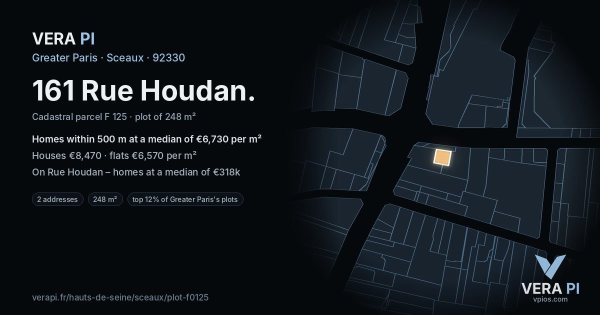 161 Rue Houdan, Sceaux at night – the plot lit, the parcels around coloured by the prices near them