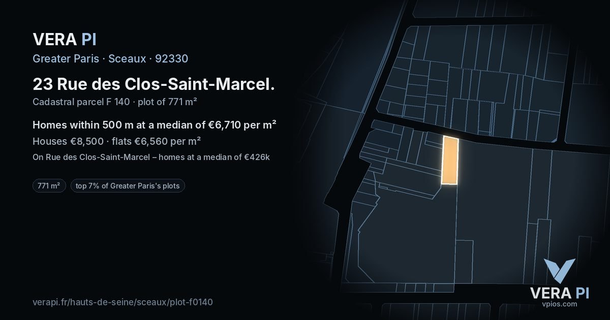 23 Rue des Clos-Saint-Marcel, Sceaux at night – the plot lit, the parcels around coloured by the prices near them