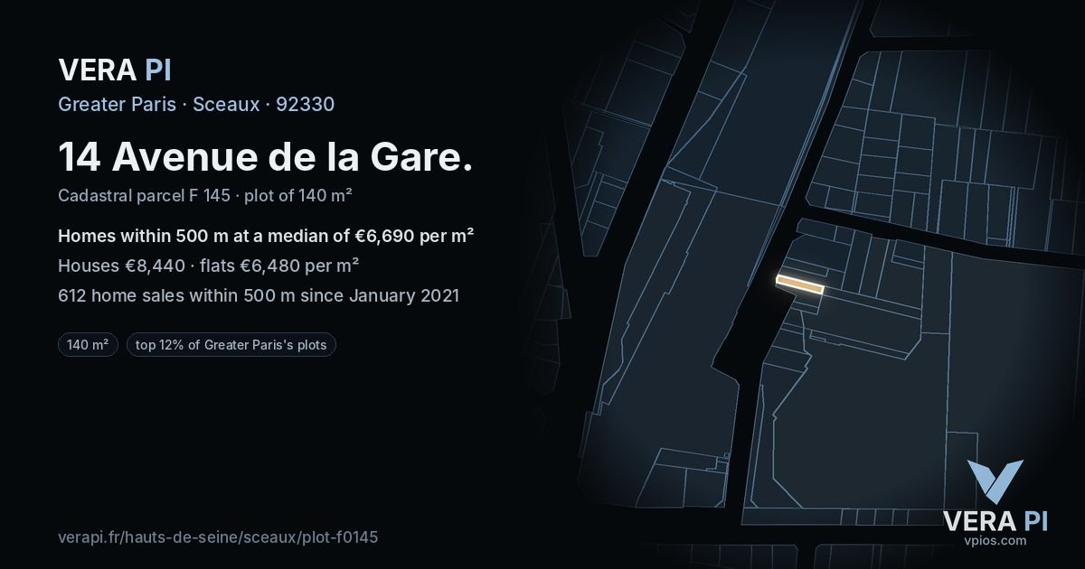 14 Avenue de la Gare, Sceaux at night – the plot lit, the parcels around coloured by the prices near them