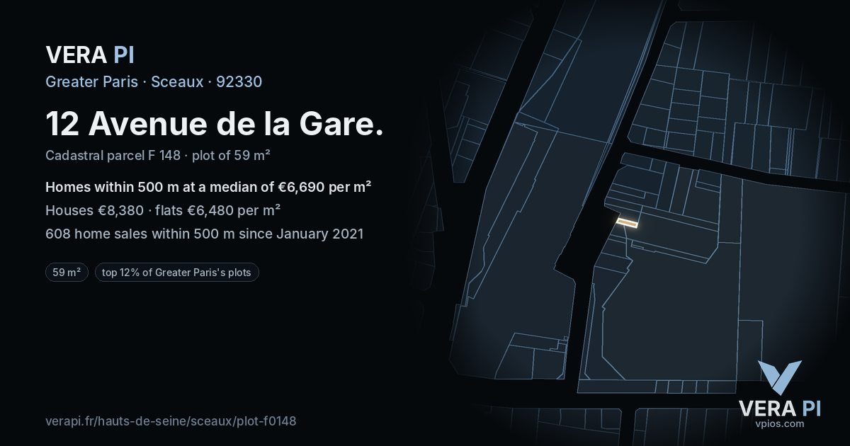 12 Avenue de la Gare, Sceaux at night – the plot lit, the parcels around coloured by the prices near them