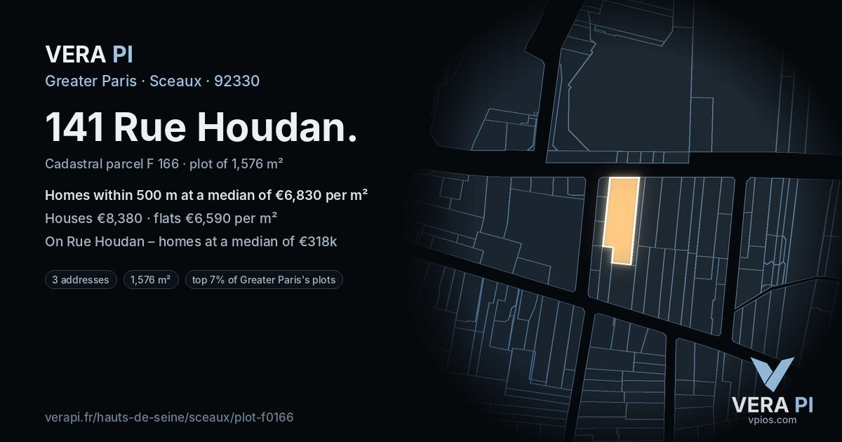 141 Rue Houdan, Sceaux at night – the plot lit, the parcels around coloured by the prices near them