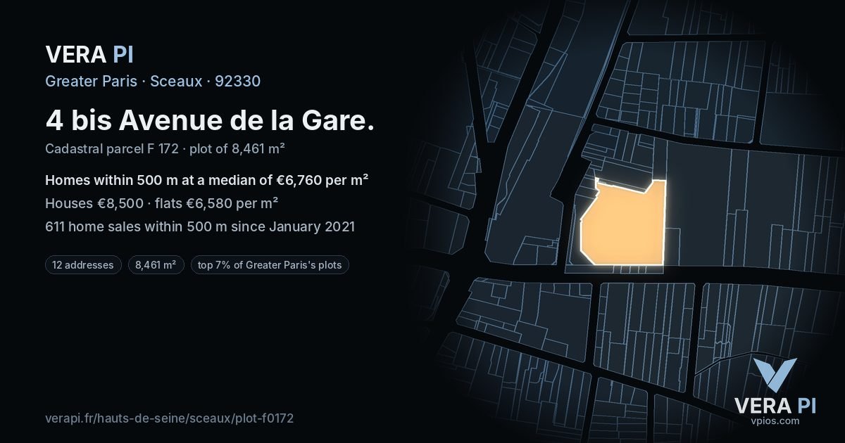 4 bis Avenue de la Gare, Sceaux at night – the plot lit, the parcels around coloured by the prices near them