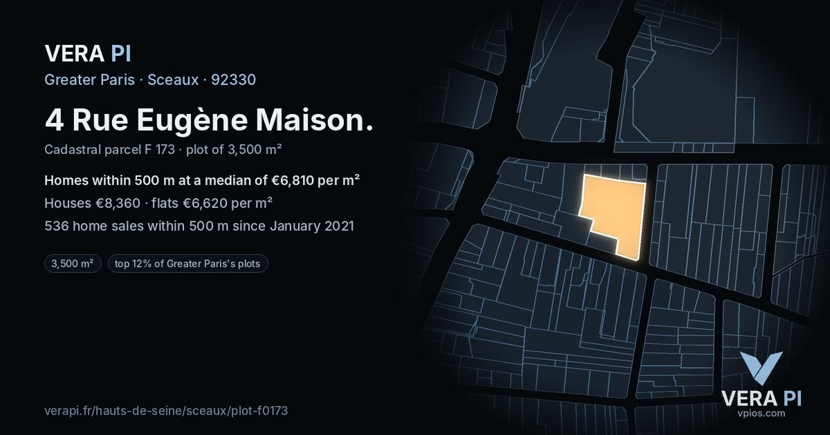 4 Rue Eugène Maison, Sceaux at night – the plot lit, the parcels around coloured by the prices near them