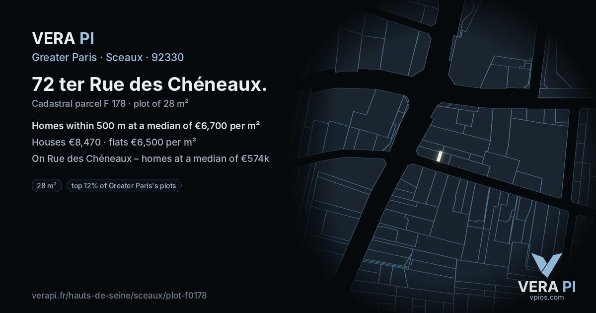 72 ter Rue des Chéneaux, Sceaux at night – the plot lit, the parcels around coloured by the prices near them