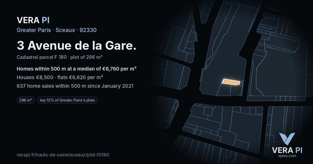 3 Avenue de la Gare, Sceaux at night – the plot lit, the parcels around coloured by the prices near them