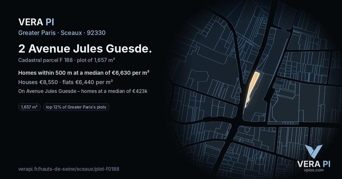 2 Avenue Jules Guesde, Sceaux at night – the plot lit, the parcels around coloured by the prices near them