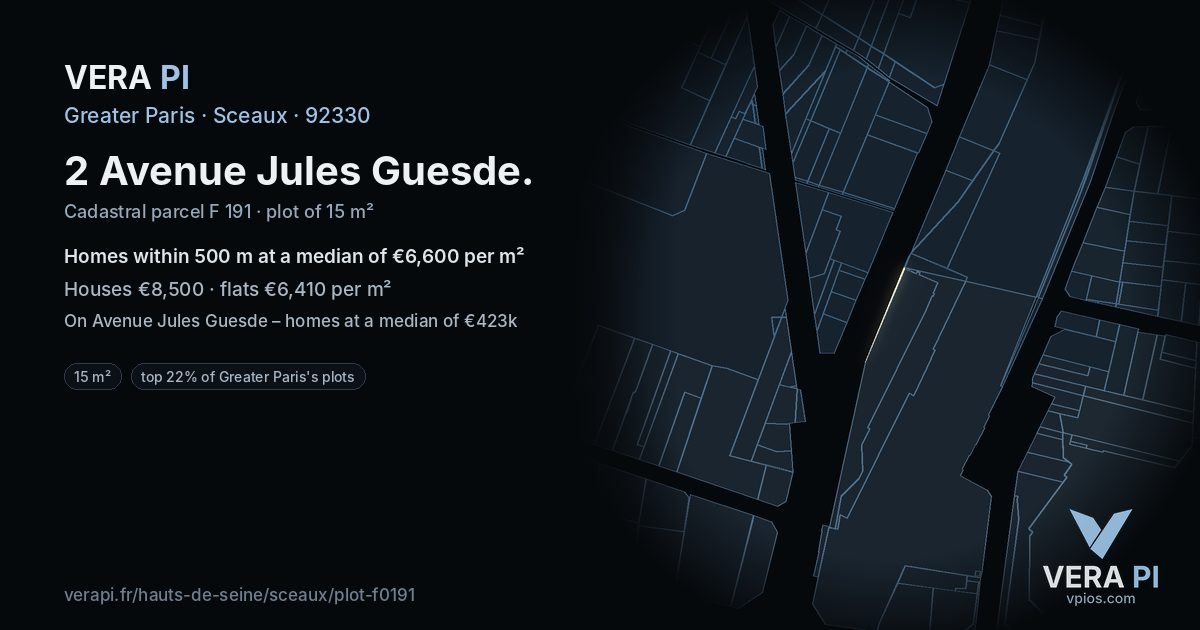 2 Avenue Jules Guesde, Sceaux at night – the plot lit, the parcels around coloured by the prices near them