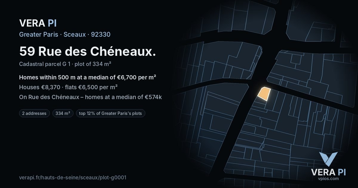 59 Rue des Chéneaux, Sceaux at night – the plot lit, the parcels around coloured by the prices near them