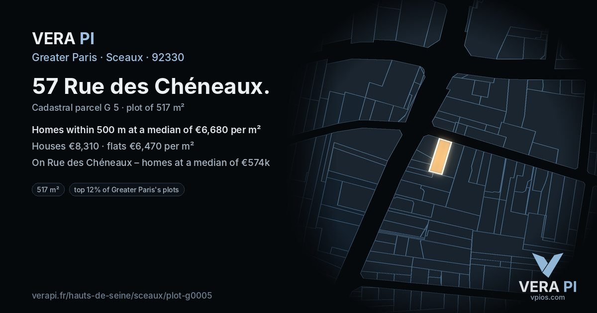 57 Rue des Chéneaux, Sceaux at night – the plot lit, the parcels around coloured by the prices near them