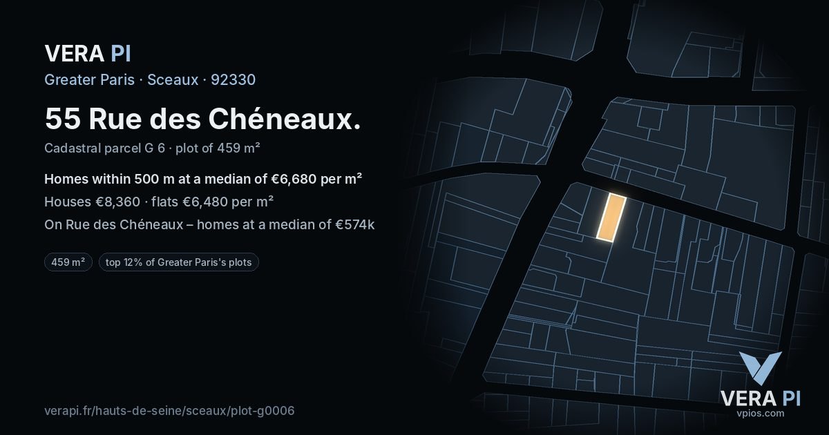 55 Rue des Chéneaux, Sceaux at night – the plot lit, the parcels around coloured by the prices near them