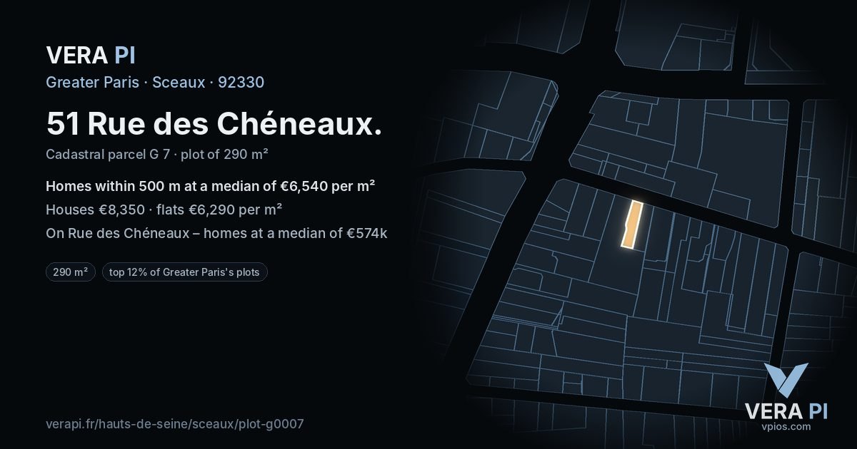 51 Rue des Chéneaux, Sceaux at night – the plot lit, the parcels around coloured by the prices near them
