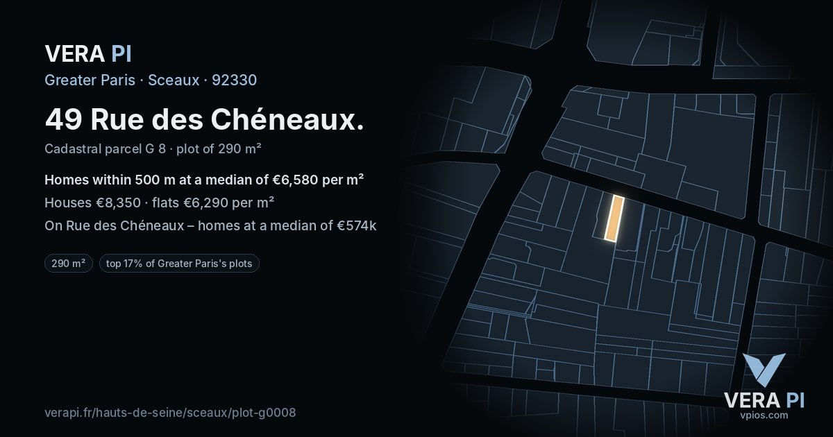 49 Rue des Chéneaux, Sceaux at night – the plot lit, the parcels around coloured by the prices near them