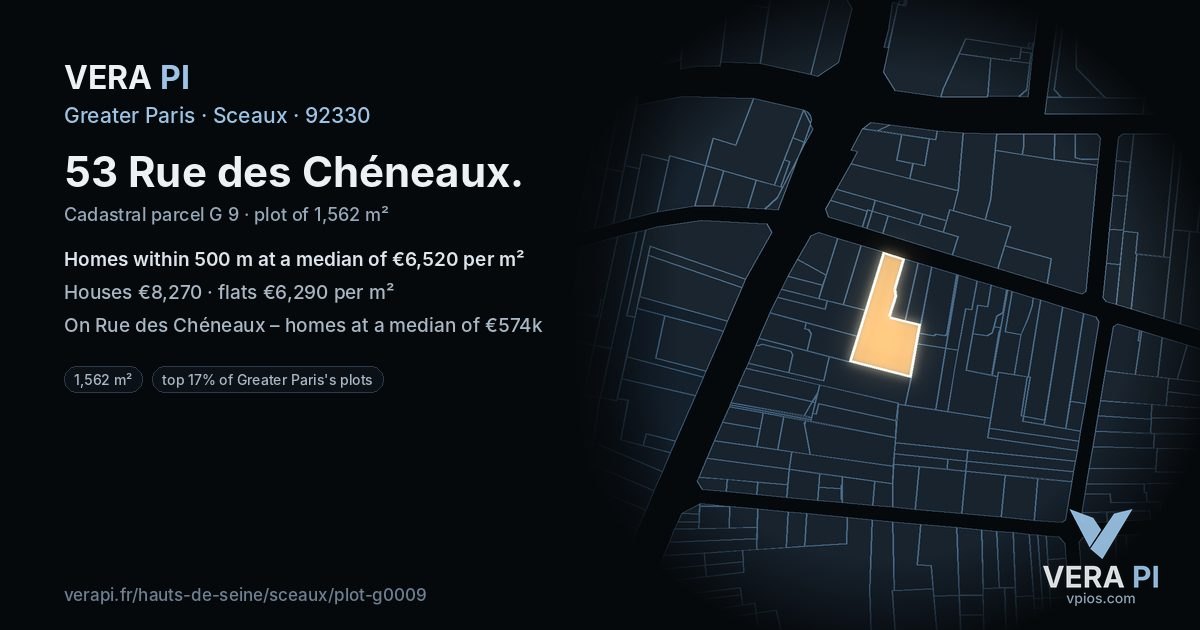 53 Rue des Chéneaux, Sceaux at night – the plot lit, the parcels around coloured by the prices near them