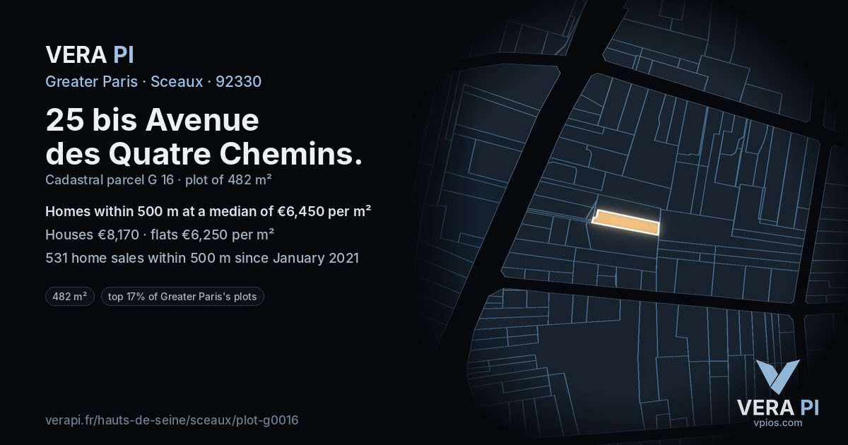25 bis Avenue des Quatre Chemins, Sceaux at night – the plot lit, the parcels around coloured by the prices near them
