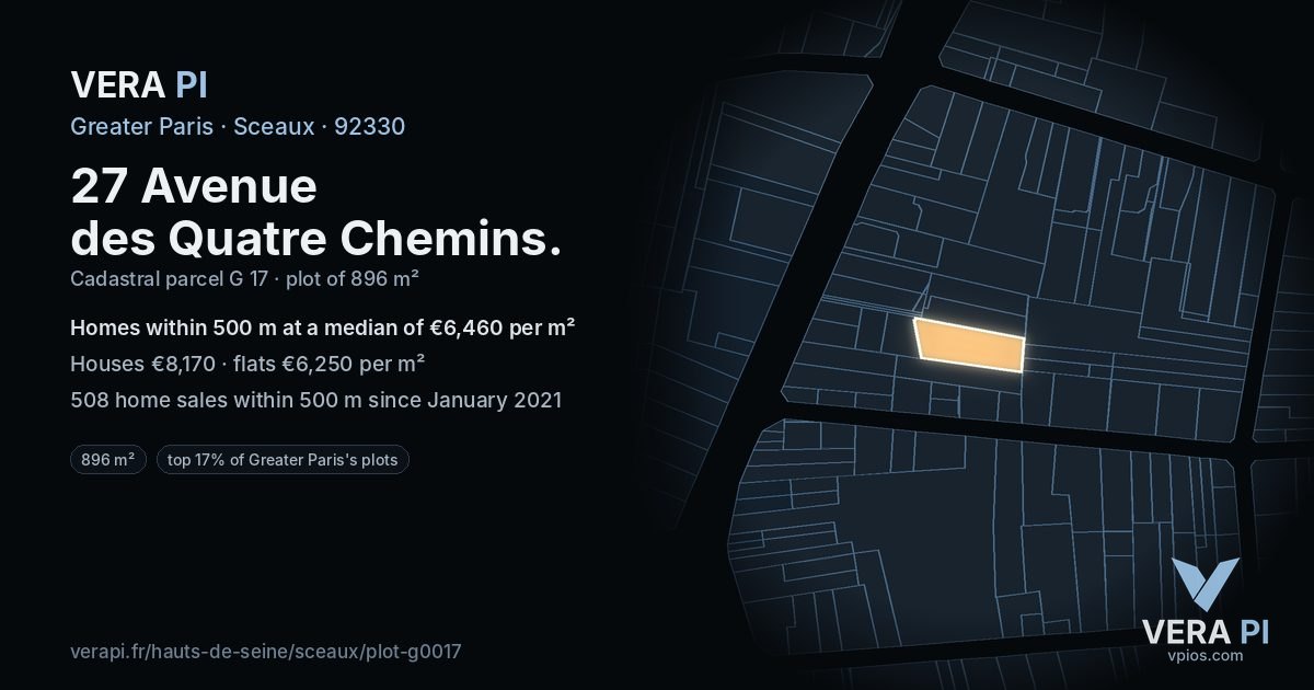 27 Avenue des Quatre Chemins, Sceaux at night – the plot lit, the parcels around coloured by the prices near them