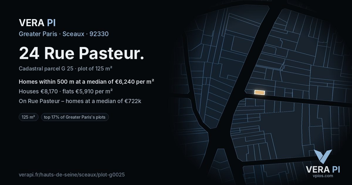 24 Rue Pasteur, Sceaux at night – the plot lit, the parcels around coloured by the prices near them