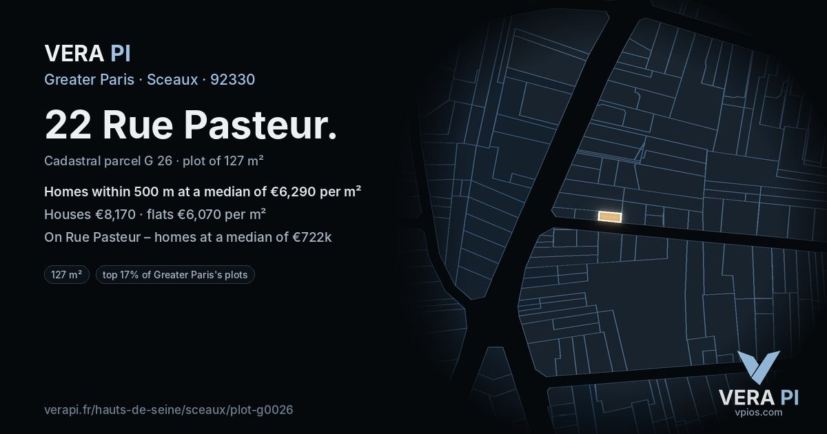 22 Rue Pasteur, Sceaux at night – the plot lit, the parcels around coloured by the prices near them