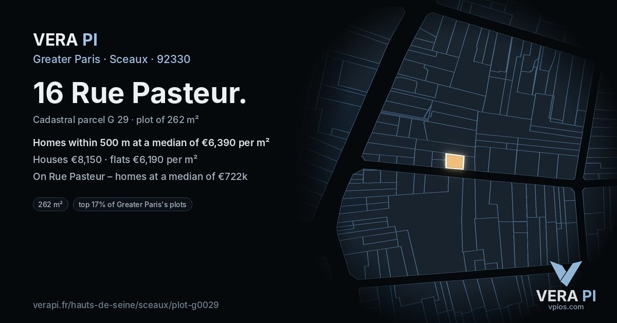 16 Rue Pasteur, Sceaux at night – the plot lit, the parcels around coloured by the prices near them