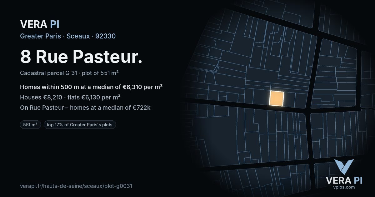 8 Rue Pasteur, Sceaux at night – the plot lit, the parcels around coloured by the prices near them