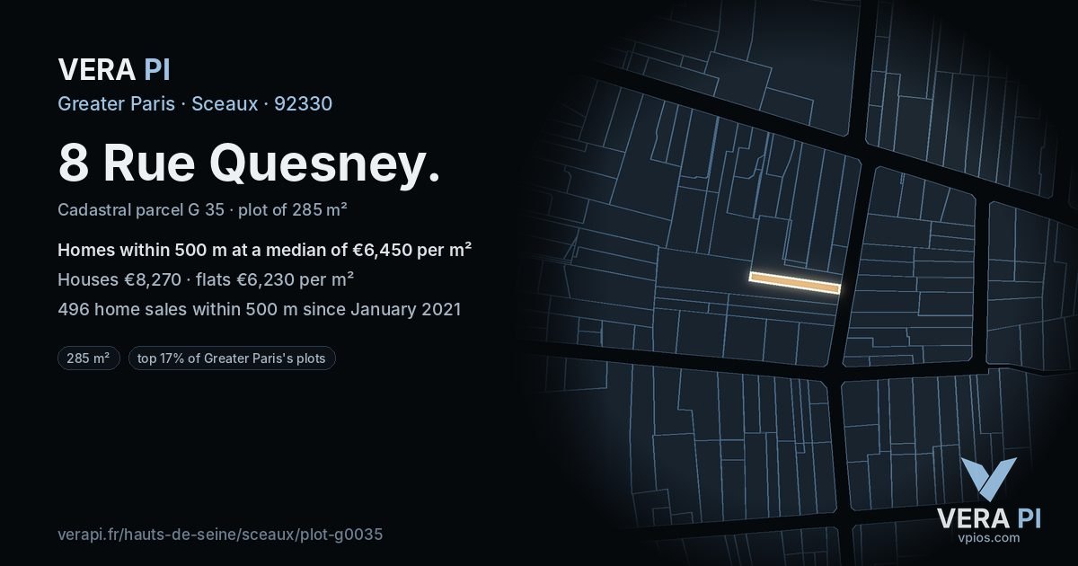 8 Rue Quesney, Sceaux at night – the plot lit, the parcels around coloured by the prices near them