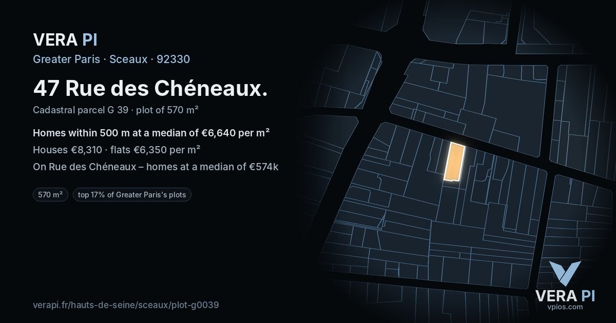 47 Rue des Chéneaux, Sceaux at night – the plot lit, the parcels around coloured by the prices near them