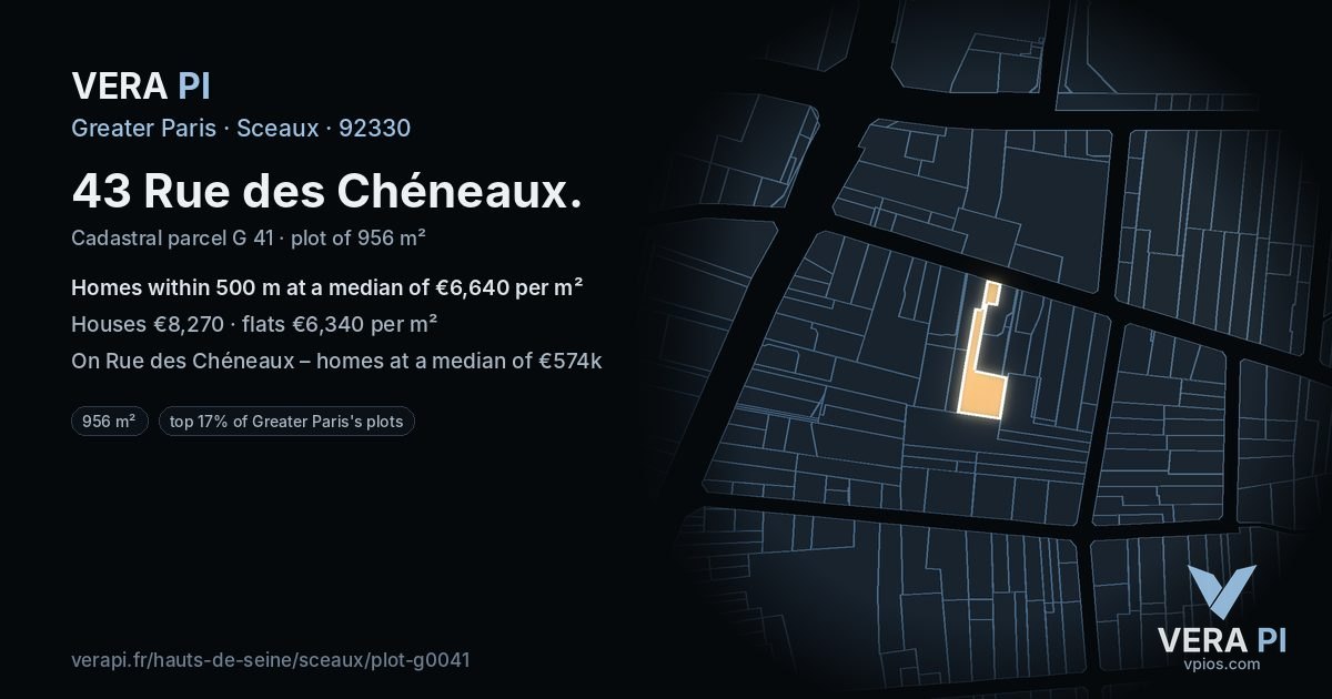 43 Rue des Chéneaux, Sceaux at night – the plot lit, the parcels around coloured by the prices near them