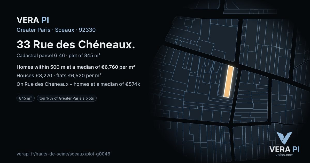 33 Rue des Chéneaux, Sceaux at night – the plot lit, the parcels around coloured by the prices near them