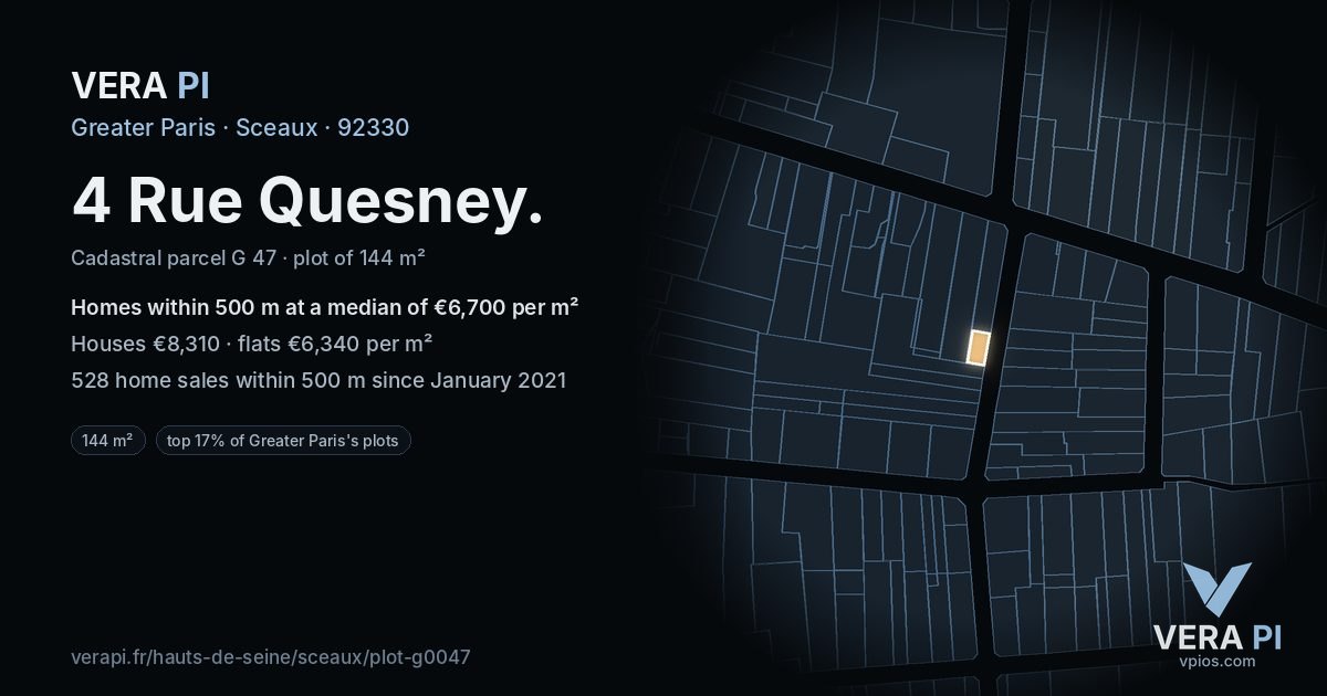 4 Rue Quesney, Sceaux at night – the plot lit, the parcels around coloured by the prices near them