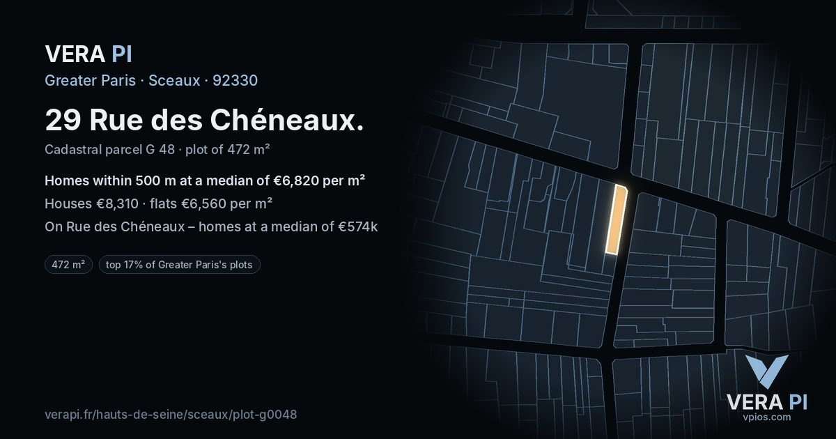 29 Rue des Chéneaux, Sceaux at night – the plot lit, the parcels around coloured by the prices near them