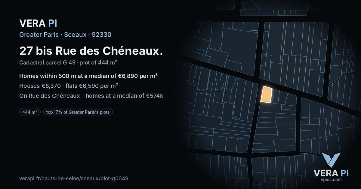 27 bis Rue des Chéneaux, Sceaux at night – the plot lit, the parcels around coloured by the prices near them