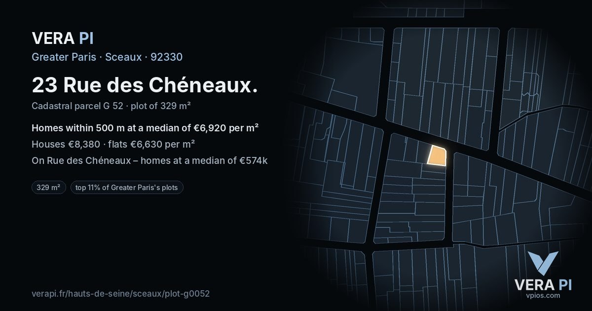23 Rue des Chéneaux, Sceaux at night – the plot lit, the parcels around coloured by the prices near them